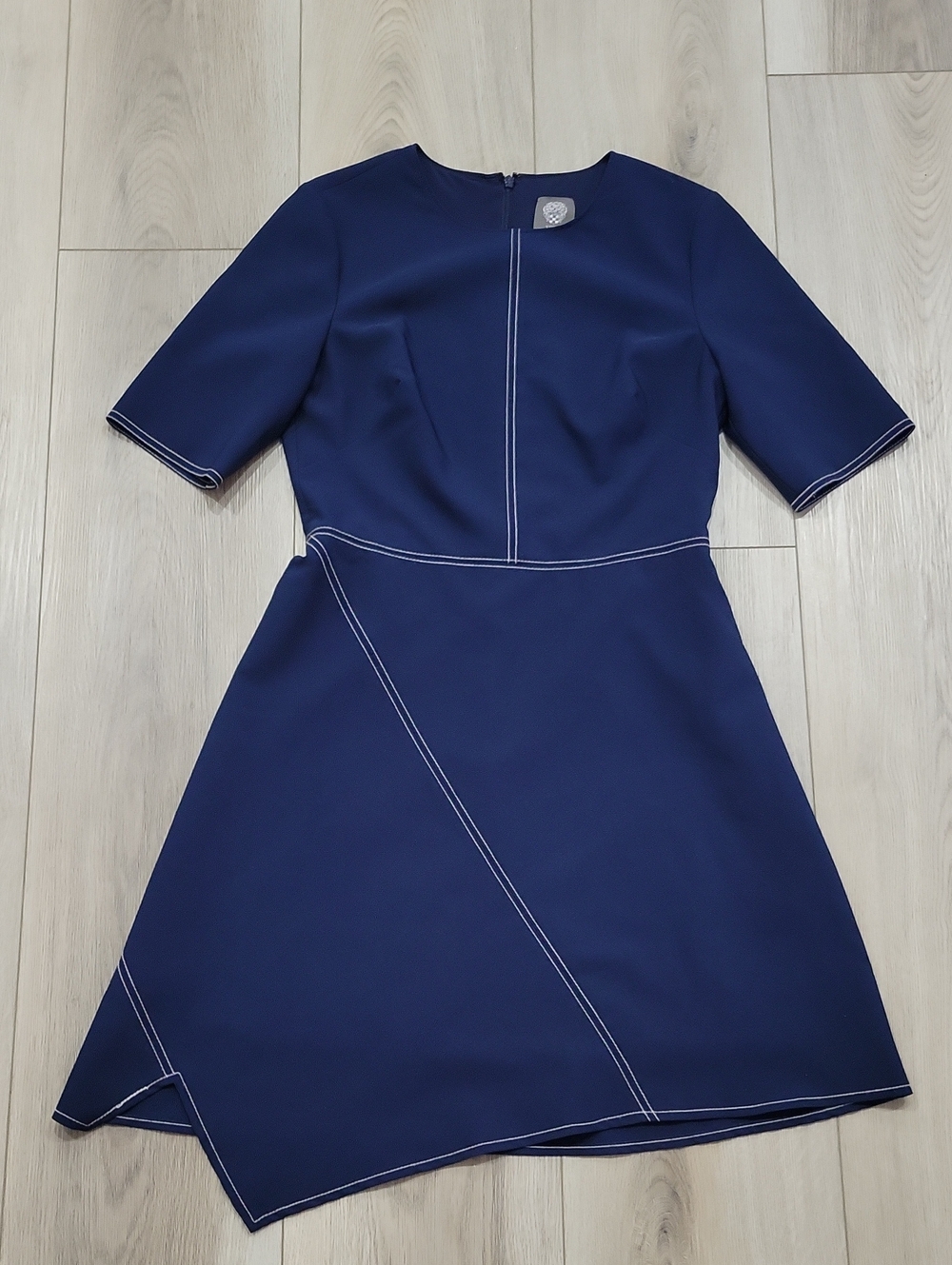 Vince Camuto Navy Asymmetrical Dress with White Stitching